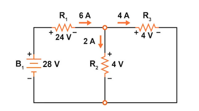 Figure 5. Voltages and currents are added to the circuit powered only by battery B1.
