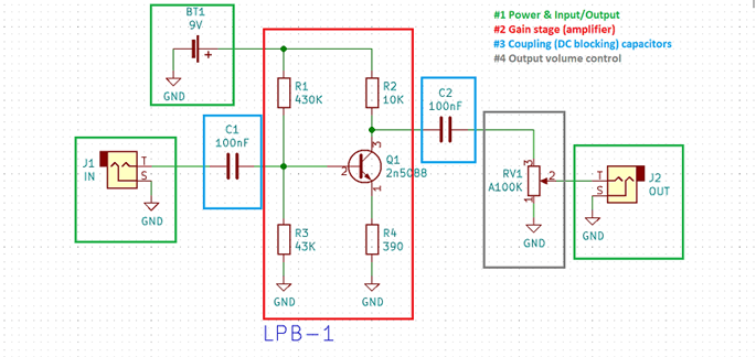 2N5088 Transistor in a Guitar Pedal Gain Circuit (LPB-1 Style)