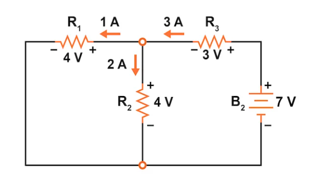 Figure 6. Voltages and currents are added to the circuit powered only by battery B2