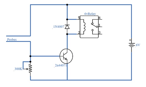 2N4401 as a Relay Switch (Probe-Triggered Circuit)
