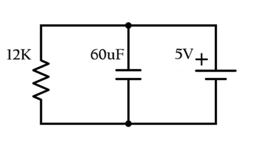 The Time Constant of the RC Circuit is 1200 Ohms x 60 x 10^(-6) Farads