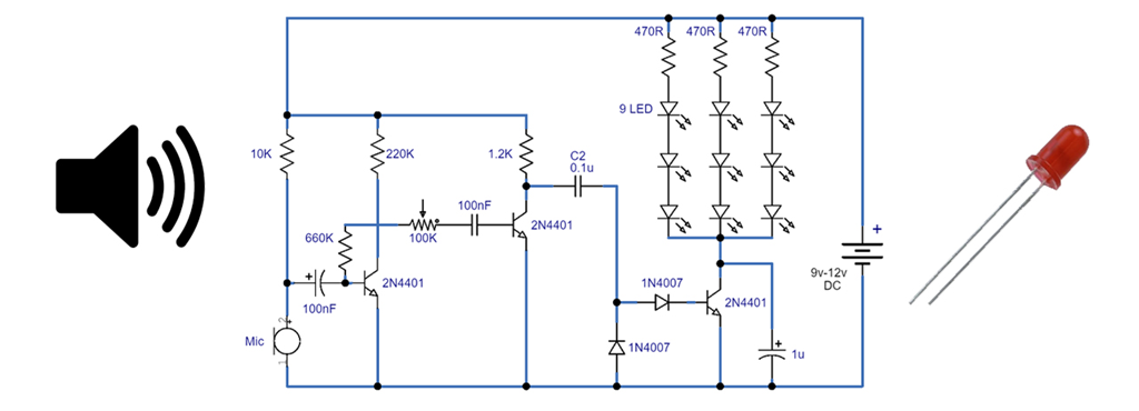 2N4401 as a Sound-Activated Amplifier and LED Driver