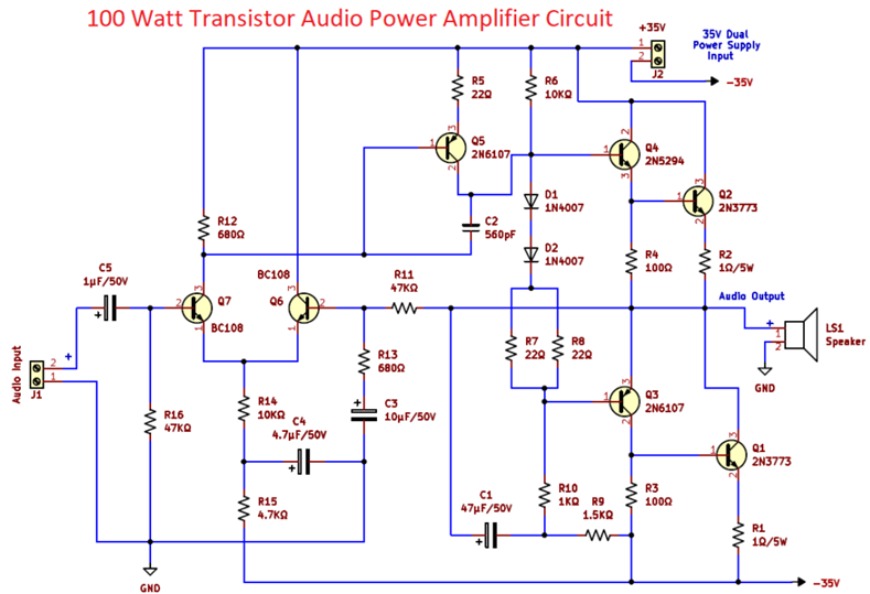 100-Watt Audio Power Amplifier (BC108 as Input Transistors