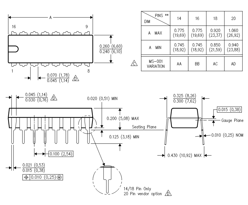 SN74LS00N Mechanical Drawing