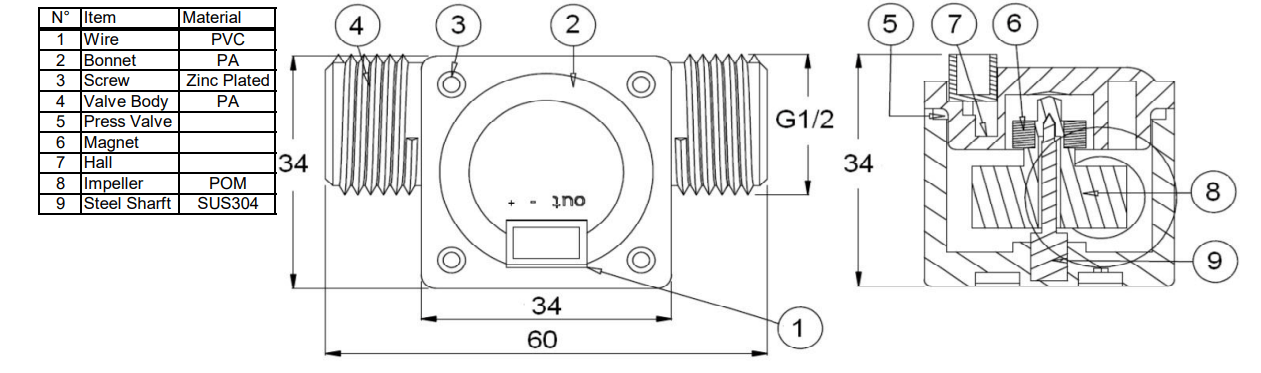 YF-S201 Sensor Mechanical Dimensions